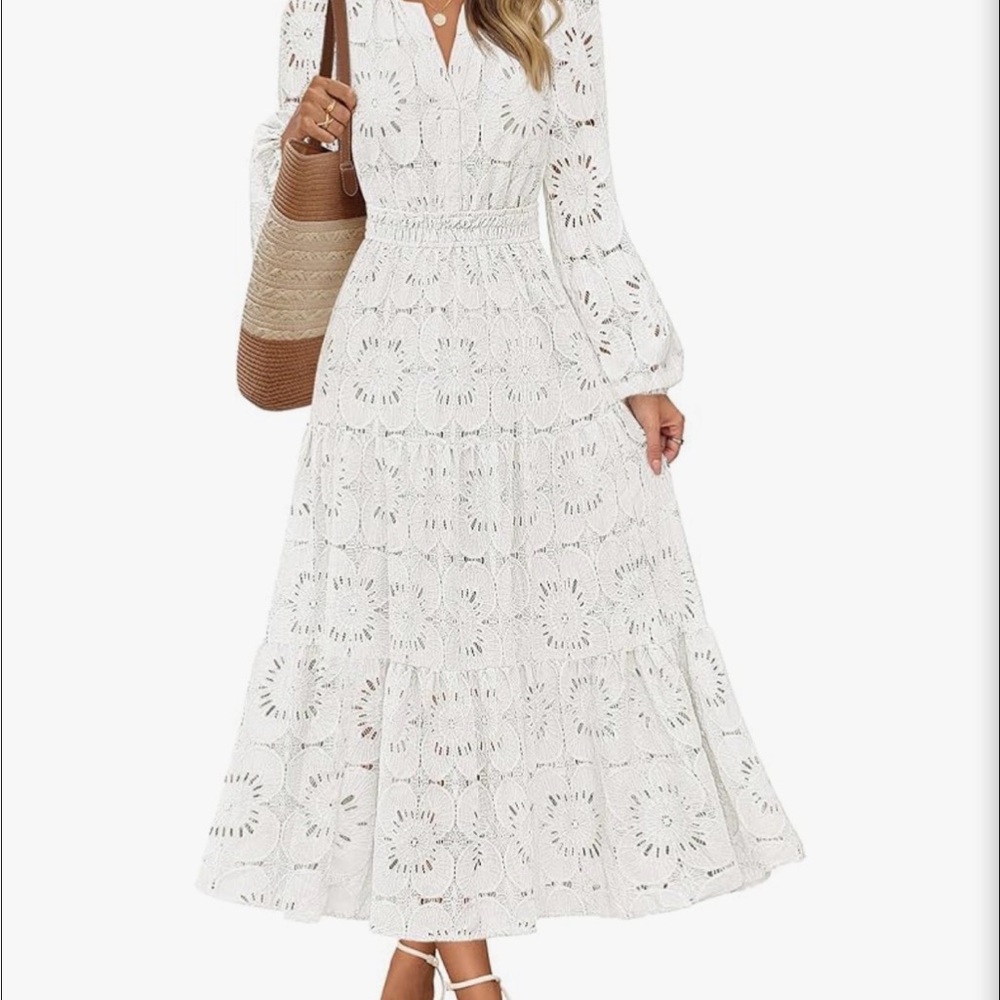 Women's White Eyelet Crochet Maxi Dress with Smocked Waist